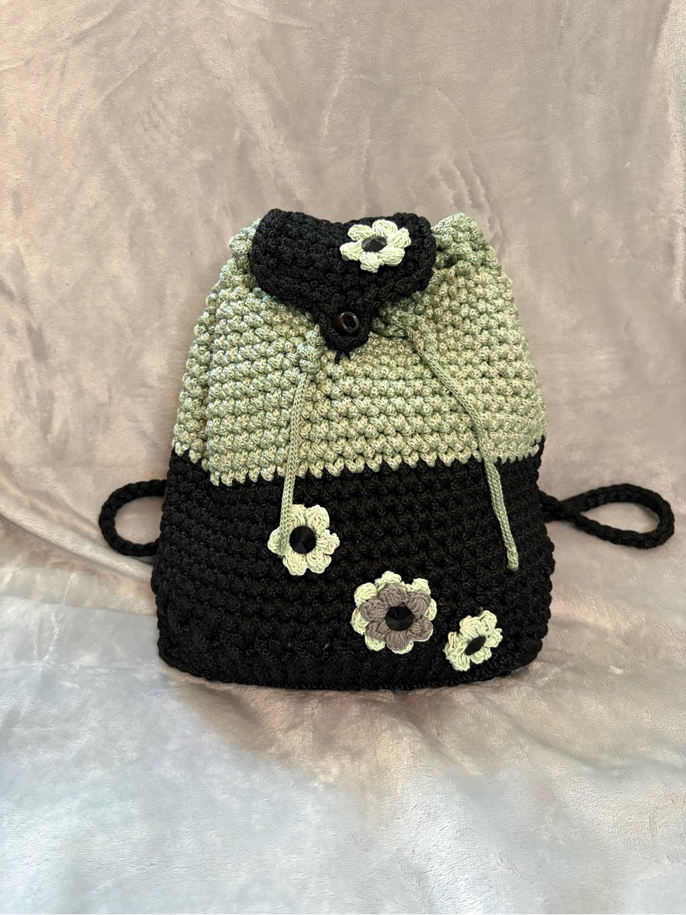 Handmade Black and Sage Crochet Drawstring Backpack